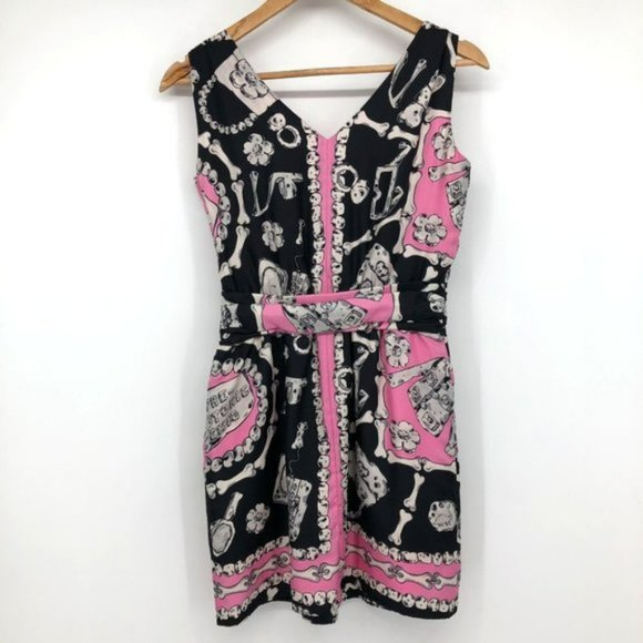 MOSCHINO Black and Pink V Neck Bones Prehistoric Print Silk Dress Cheap and Chic - Picture 4 of 7